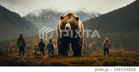 Meeting between a human and a bear in the forest. 106554888