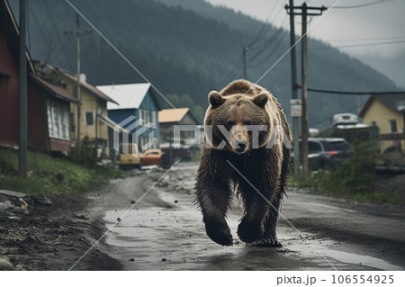 Brown bear strolling along residential street in urban area. Created with Generative AI technology. 106554925