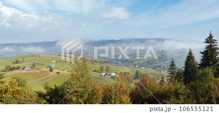 Beautiful autumn morning near Carpathian village outskirts (Carpathian mountain, Ukraine). 106555121