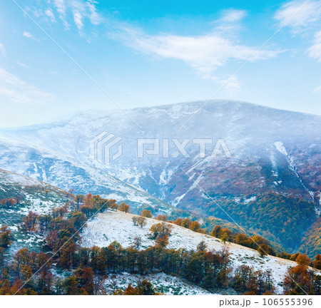 October Carpathian mountain Borghava plateau with first winter snow and autumn colorful trees, Ukraine. October Carpathian mountain Borghava plateau with first winter snow and autumn colorful trees, Ukraine. 106555396