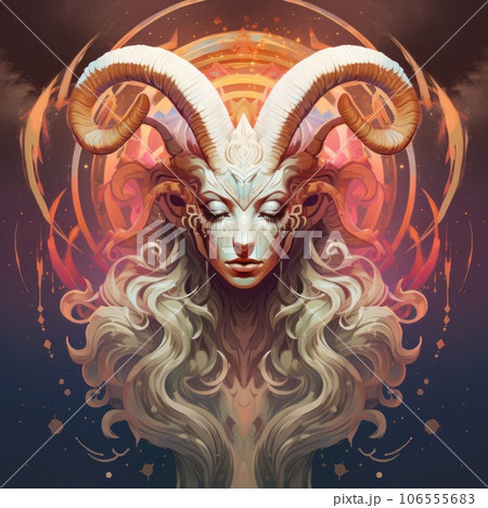 Illustration of the Aires zodiac sign as a beautiful woman with horns. Glamorous portrait of an attractive humanoid Aries girl. Fantasy portrait of a beautiful woman with ram horns, astrology. 106555683