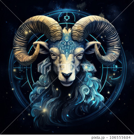 Aries zodiac sign, illustration. Ram head closeup, vibrant portrait. Beautiful art of an animal zodiac sign. Horoscope and astrology concept. Vector illustration for design. 106555684