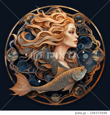 Illustration of the Pisces zodiac sign as a beautiful woman with fish. Glamorous portrait of an attractive girl as a Pisces sign. Fantasy portrait of a beautiful woman, astrology. 106555696