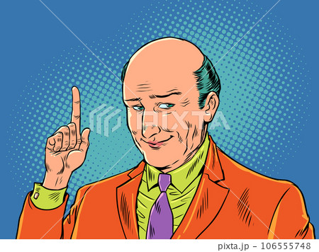 Follow your plan. Up the career ladder. Give advice. A businessman in a multi-colored suit and lipstick points up. Pop Art Retro 106555748