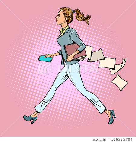 Morning work routine of an office worker. A girl in a suit is in a hurry to go to work or a meeting, and she has papers from documents lying around. Pop Art Retro 106555784
