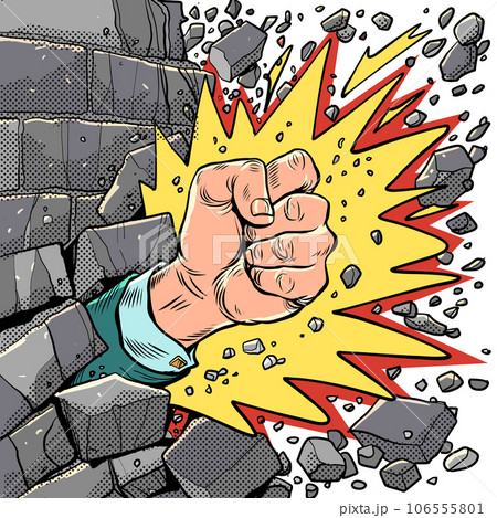 Break through barriers. Strength of mind. A man fist with an explosion breaks the wall. Pop Art Retro 106555801