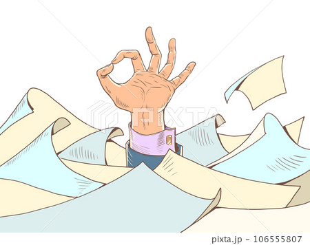 Problems at work can be solved. Deadlines add more worries. Okay sign among the heap of paper.Pop Art Retro 106555807