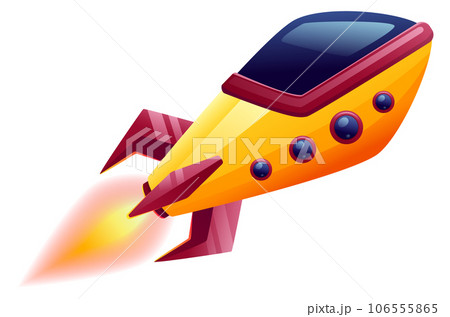 Flying rocket icon. Cartoon spaceship with burning flame 106555865