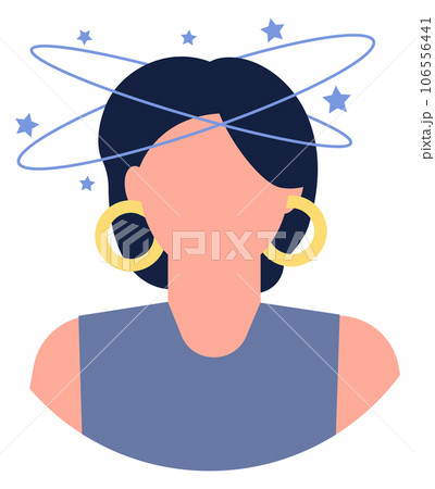 Vertigo icon. Woman with head dizziness. Migraine symptom 106556441