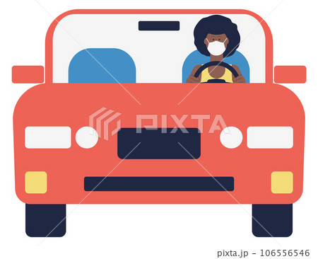Car front view with black woman in mask driving 106556546