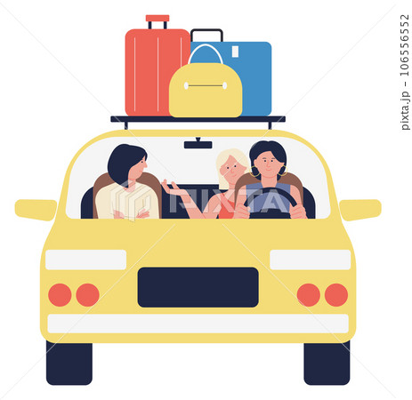 Women travel on car front view. Friends trip 106556552