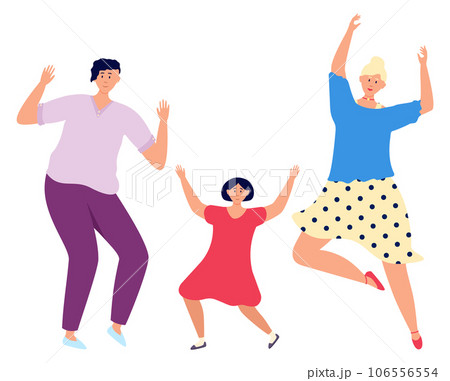 Happy people dancing. Joyful women and kid celebrating 106556554