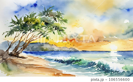 南の島のビーチと夕焼けに染まる空の水彩画「AI画像」のイラスト素材