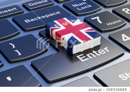 English language textbook on laptop keyboard. Online courses of English language, 3D rendering English language textbook on laptop keyboard. Online courses of English language, 3D rendering 106556689