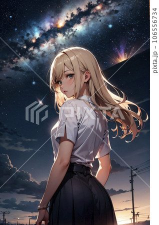 天の川を背景にこちらを振り返る若い女性の後ろ姿「AI生成画像」 106556734