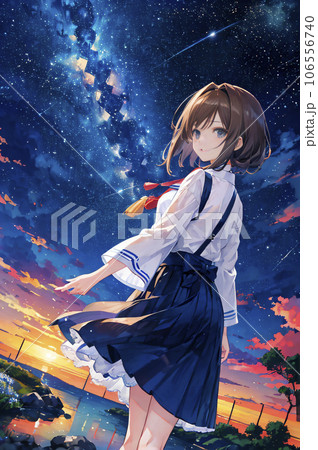 天の川を背景にこちらを振り返る美少女の後ろ姿「AI生成画像」の