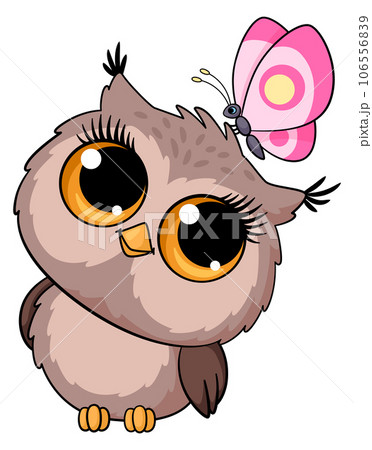 Cute owl playing with butterfly. Cartoon bird character 106556839