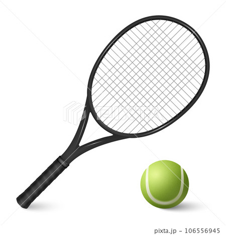 Vector 3d Realistic Tennis Ball and Tennis Racquet Closeup Isolated on White Background. Design Templates, Tennis Sports Equipment 106556945