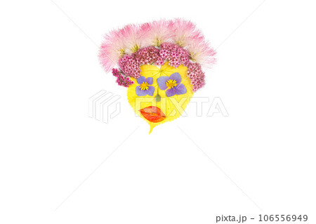 autumn nature craft for kids, flower mask made of leaf, top view, activity for children  106556949