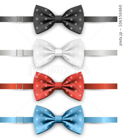 Vector 3d Realistic Blue, Black, Red, White Polka Dot Bow Tie Icon Set Closeup Isolated. Silk Glossy Bowtie, Tie Gentleman. Mockup, Design Template. Bow tie for Man. Mens Fashion, Fathers Day Holiday 106556960