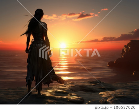 Portrait of beautiful epic warrior woman at sunset AI Portrait of beautiful epic warrior woman at sunset AI 106557020