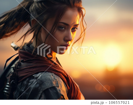 Portrait of beautiful epic warrior woman at sunset AI 106557021