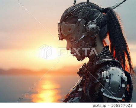 Portrait of beautiful epic warrior woman cyberpunk ninja at sunset AI 106557022
