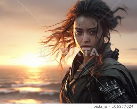 Portrait of beautiful epic warrior woman at sunset AI 106557024