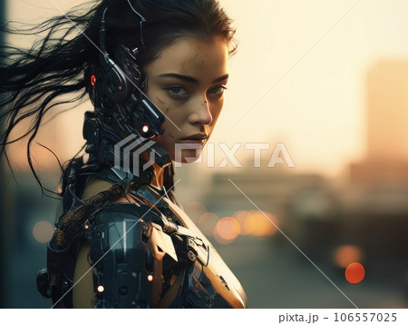 Portrait of beautiful epic warrior woman cyberpunk ninja at sunset AI 106557025