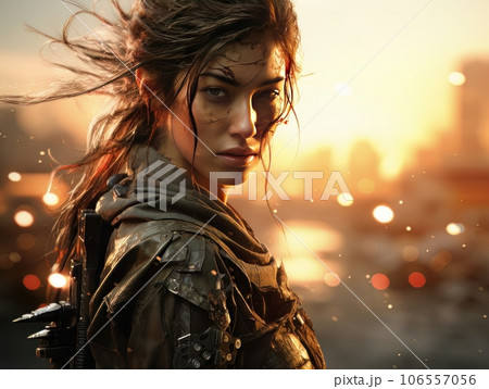 Portrait of beautiful epic warrior woman cyberpunk ninja at sunset AI Portrait of beautiful epic warrior woman cyberpunk ninja at sunset AI 106557056