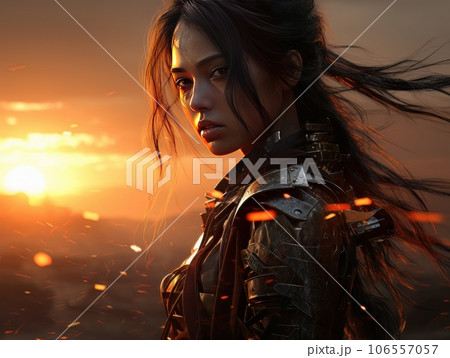 Portrait of beautiful epic warrior woman cyberpunk ninja at sunset AI Portrait of beautiful epic warrior woman cyberpunk ninja at sunset AI 106557057