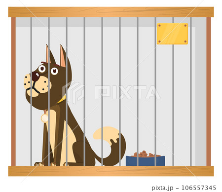Dog shelter cage with sad animal cartoon illustration Dog shelter cage with sad animal cartoon illustration 106557345
