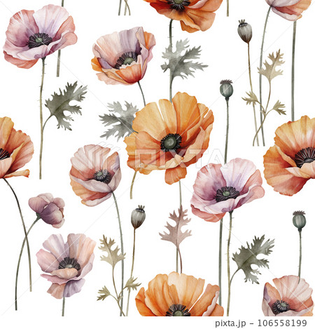 Seamless pattern with watercolor poppies on a white background. hand drawn illustration 106558199