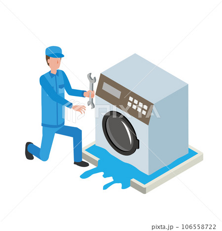 洗濯機水漏れトラブルを修理する男性作業員 106558722