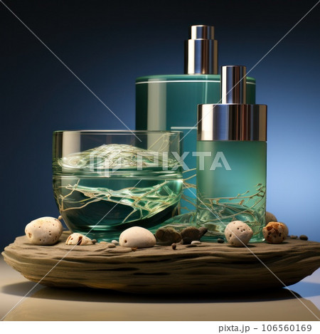 set Cosmetic products with seaweed extracts on a blue background. set Cosmetic products with seaweed extracts on a blue background. 106560169