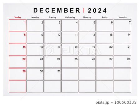 The December 2024 monthly calendar page isolated on white background, Saved clipping path. 106560335