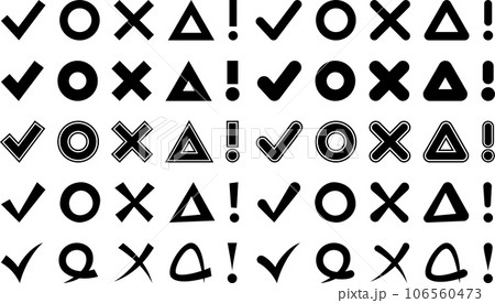モノクロの丸・バツ・三角・チェック・びっくりマークのベクターイラストセット 106560473