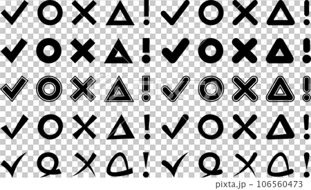 モノクロの丸・バツ・三角・チェック・びっくりマークのベクターイラストセット 106560473