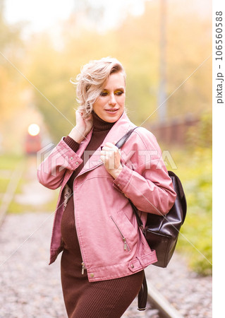 beauty pregnancy girl walking on the railway beauty pregnancy girl walking on the railway 106560588