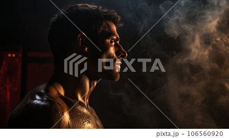 Dramatic portrait of Athletic man on dark background. Martial arts athlete, AI Dramatic portrait of Athletic man on dark background. Martial arts athlete, AI 106560920