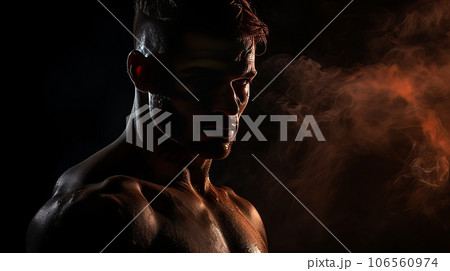 Dramatic portrait of Athletic man on dark background. Martial arts athlete, AI 106560974
