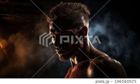 Dramatic portrait of Athletic man on dark background. Martial arts athlete, AI 106560975