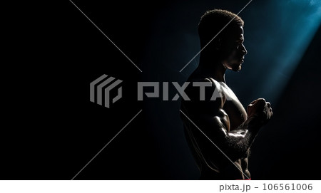 Dramatic portrait of Athletic man on dark background. Martial arts athlete, AI 106561006