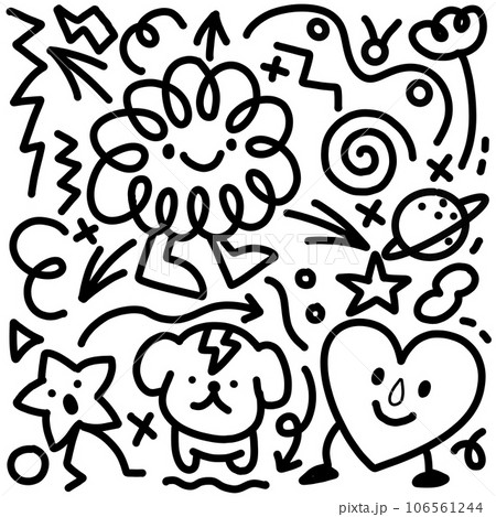 Fun pattern of doodle lines. Kids' minimalist art backgrounds or current trends in design using simple shapes.simple, scribbled background atmosphere Fun pattern of doodle lines. Kids' minimalist art backgrounds or current trends in design using simple shapes.simple, scribbled background atmosphere 106561244