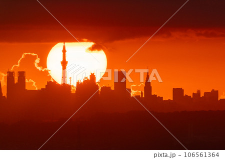 《東京都》東京の夜明け・摩天楼からのぼる太陽 106561364