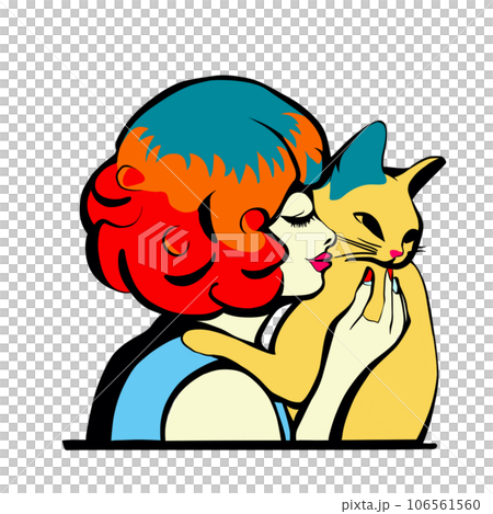 Illustration of a Girl Kissing a Cat 106561560