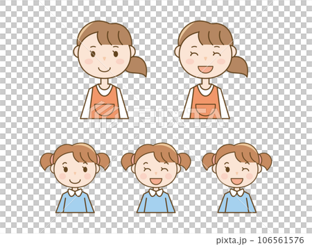 穿著圍裙微笑的女幼兒園老師和幼兒園 child_girl 的 5 個姿勢 穿著圍裙微笑的女幼兒園老師和幼兒園 child_girl 的 5 個姿勢 106561576