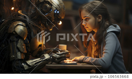 Girl talking with a robot 106563668
