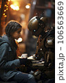 Girl talking with a robot 106563669