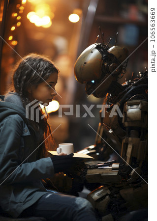 Girl talking with a robot 106563669